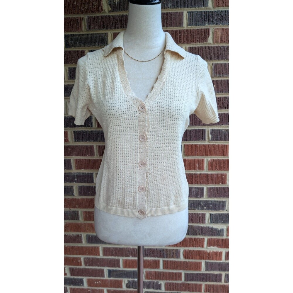 RIHOAS Knit Perforated Cream Top-Y2k Scallop Trim-Button Front- V-neck- Sz L NWT
